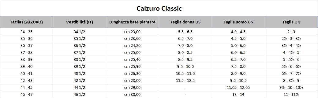 Calzuro taglie